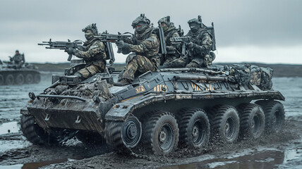 On an armoured personnel vehicle, soldiers brandishing machine guns - obrazy, fototapety, plakaty