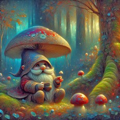 A whimsical gnome sitting under a mushroom in a vibrant, enchanted forest, holding a cup in one hand