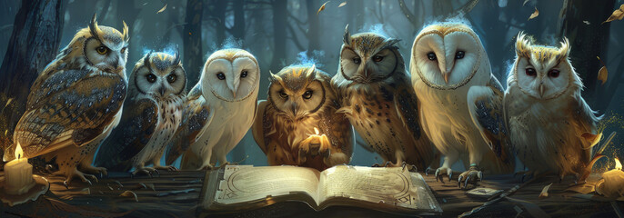 A council of wise owls debating the morality of using enchanted scrolls in a medieval setting - obrazy, fototapety, plakaty