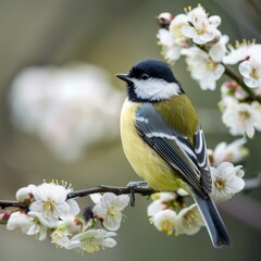 A vibrant bird perched amidst blooming white flowers, showcasing nature’s beauty.