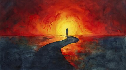 Lone figure casting long shadow on a road shaped like a financial graph, sunset horizon, concept of personal journey in business, watercolor painting.