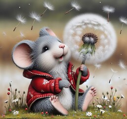 A cheerful anthropomorphic mouse in a red jacket holds a dandelion puff, with several seeds floating away in the air