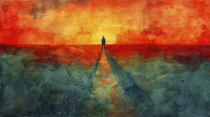 In the watercolor painting, a solitary silhouette stretches across a road mirroring a financial graph at sunset, symbolizing a personal business odyssey. - obrazy, fototapety, plakaty