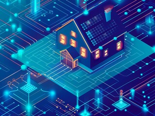 The isometric concept illustrates a smart home where a private house is represented by a code consisting of digits, emphasizing the cyber safety of the Internet of Things (IoT) for country houses