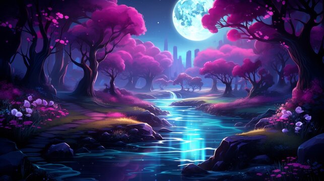 Enchanting forest scene with glowing turquoise and pink lights under a moonlit sky