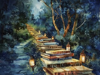 Pathway made of books leading through a mystical forest, lanterns illuminating the way, metaphor for knowledge and career path, watercolor painting.