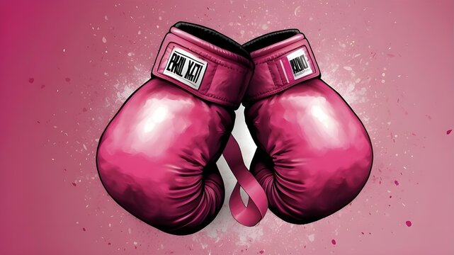 "Digital illustration of a pair of pink boxing gloves, serving as a powerful symbol in the fight against breast cancer. The gloves are depicted with vibrant colors and dynamic strokes, evoking a sense