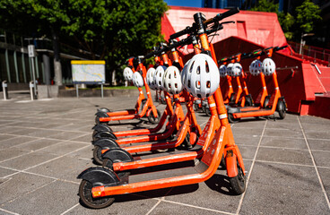 Melbourne, Australia, February 18, 2024: Electric scooters are available for hire in Melbourne city...
