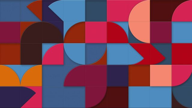 Geometric pattern loop. Circles, squares animation. Modernist abstract background. Bauhaus Design style. Blue, red, pink, orange, brown.