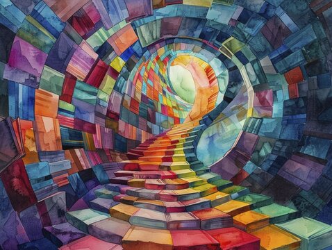 A vibrant watercolor masterpiece captures a spiral staircase of books symbolizing career growth through knowledge ascension.