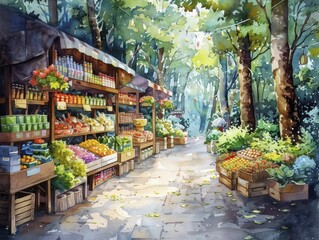 In a mystical morning glow, the market morphed into a forest, products as trees, pathways beckoning diverse choices in watercolor.