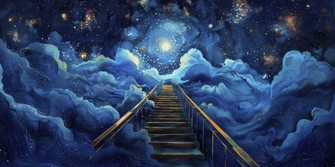An otherworldly ascent on an ethereal escalator mirrors career growth under a midnight blue canopy of twinkling stars in a dreamy watercolor scene. - obrazy, fototapety, plakaty