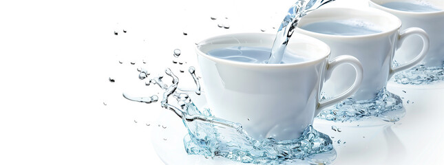 Dynamic Water Splash into White Ceramic Cups
