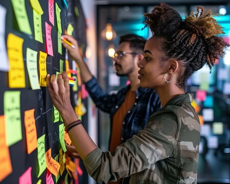 Young business workers are depicted creatively brainstorming and posting with sticky note stickers as reminders on a board in a modern co-working space.