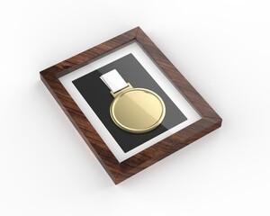 Medal display frame shadow box with apertures for medal and photo. 3d render illustration.