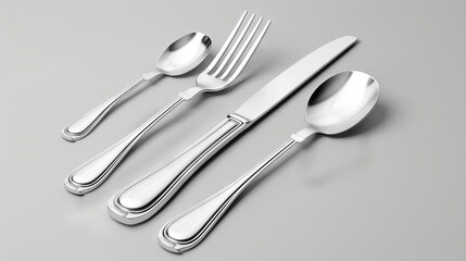 A set of silverware and spoons on a gray background.