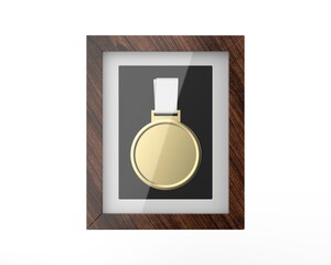 Medal display frame shadow box with apertures for medal and photo. 3d render illustration.