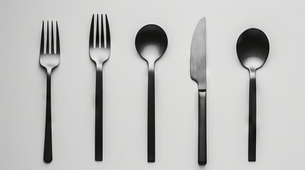 A black and white image of several forks and spoons.