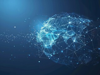 This image embodies the concept of global world network and communication technology, incorporating elements such as big data, IoT solutions, the new normal, digital twin technology