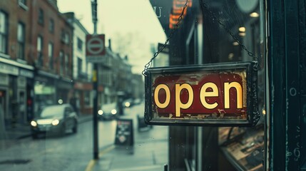 A vintage open sign illuminates a wet city street outside a shop on a rainy evening. - Powered by Adobe
