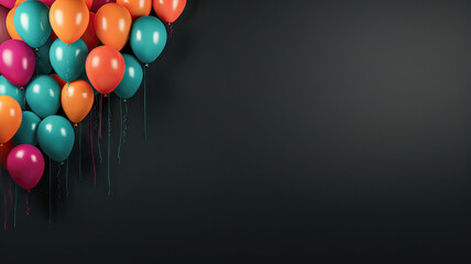 Soft pastel balloons on one side, against a clean black background, celebrations. AI-generated.