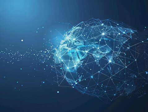 This image embodies the concept of global world network and communication technology, incorporating elements such as big data, IoT solutions, the new normal, digital twin technology