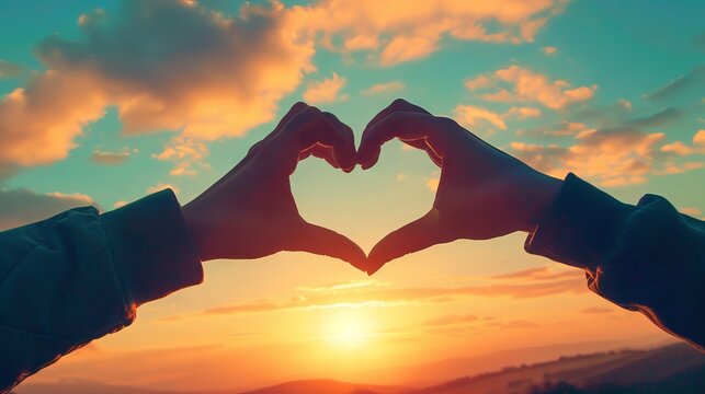 Two Hands Making A Heart Shape In Front Of The Sunset.