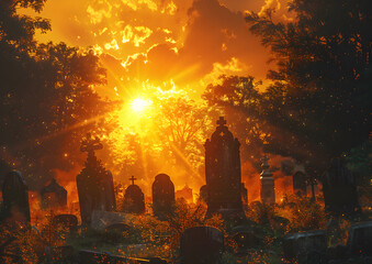 Sunset bathes a graveyard in a warm, golden glow, illuminating tombstones and creating a serene but mysterious and ominous atmosphere.