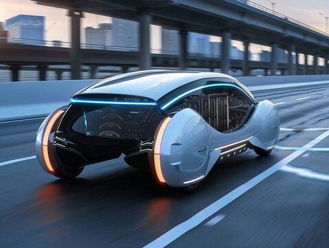 An autonomous car is depicted driving on a road, utilizing advanced sensing systems. This driverless car, also known as a self-driving vehicle