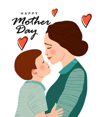 Vector Illustration of Mother wanting to kiss her Son. Happy Mother's Day Greeting Card.