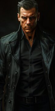 Man in black shirt and leather jacket
