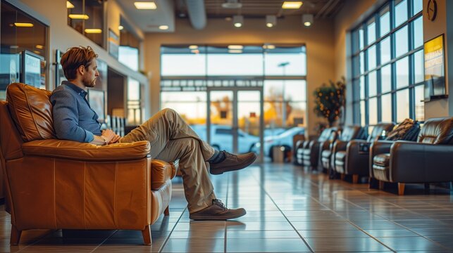 A customer sitting comfortably in the waiting area of an automotive service center, enjoying complimentary refreshments while their car is being serviced 