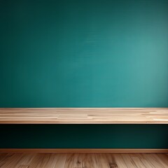 Teal background with a wooden table, product display template. Teal background with a wood floor. Teal and white photo of an empty room