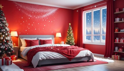 Beautiful Christmas red bedroom facing facing forward. Bed facing forward camera. Window in the back with snow falling outside. Close view. Full image