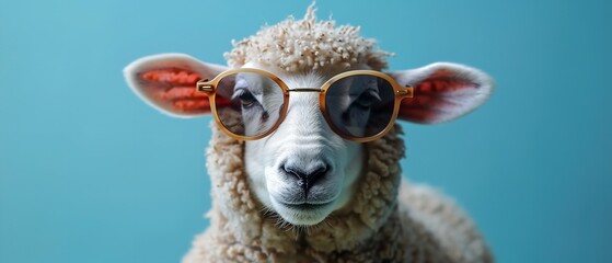 Portrait of a sheep wearing sunglass over a clean backdrop with space for text or product advertisement a farming type backdrop, Generative AI.
