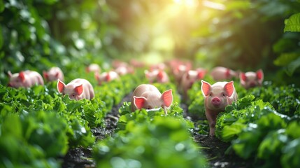 A group of adorable piglets frolics in a lush green pasture, basking in the warm sunlight of a sustainable eco friendly farm - obrazy, fototapety, plakaty