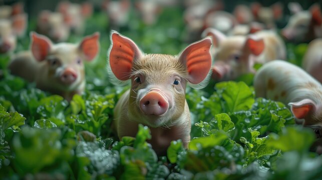 A group of adorable piglets frolics in a lush green pasture, basking in the warm sunlight of a sustainable eco friendly farm