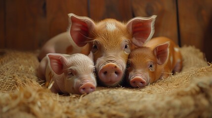A mother pig affectionately nuzzles her newborn piglets, showcasing the nurturing bond within a natural and environmentally conscious farming environment. Farm theme