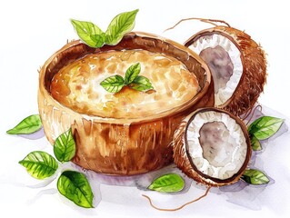Luscious Thai Coconut Agar Pudding in Watercolor - obrazy, fototapety, plakaty