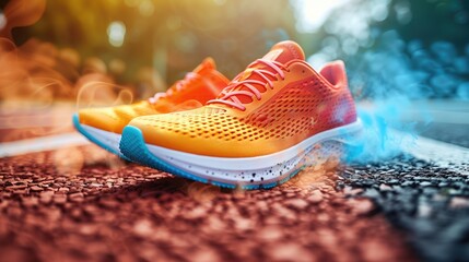 A pair of running shoes with vibrant colors and dynamic design,  on a track with motion blur to imply speed