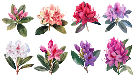 Collection of rhododendron flowers watercolor cutout png isolated on white or transparent background
