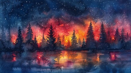 This watercolor painting depicts a forest engulfed in flames under a twilight sky, showcasing contrasting cool and warm tones