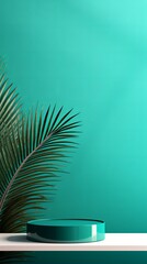 Teal background with shadows of palm leaves on a teal wall, an empty table top for product presentation. A mockup banner stand