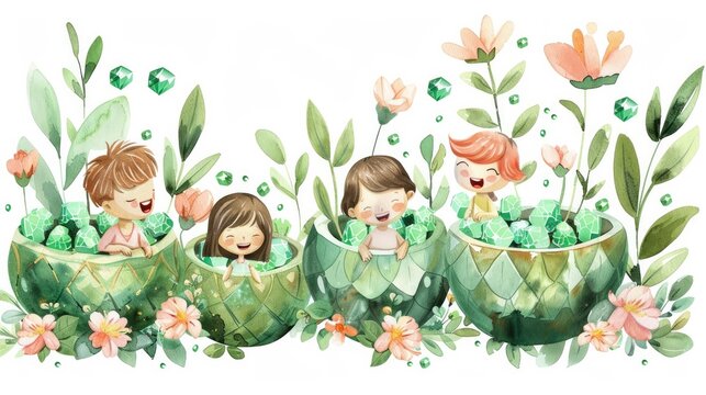 Enchanting Children Sitting Inside Sparkling Emerald Flowerpots Amidst Blooming Flowers