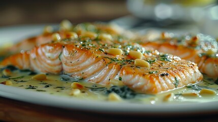   A white plate holds a salmon fillet, covered in savory sauce, and garnished with pine nuts and aromatic herbs