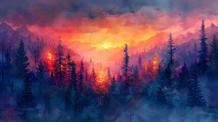 This watercolor painting depicts a forest engulfed in flames under a twilight sky, showcasing contrasting cool and warm tones - obrazy, fototapety, plakaty
