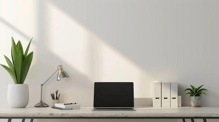 sleek modern desk setup with laptop and minimalist accessories stylish 3d rendering illustration