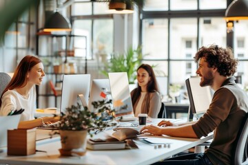 Happy businesspeople collaborating on a new project in an office. Group of diverse businesspeople using a desktop computer while working together in a modern workspace. 