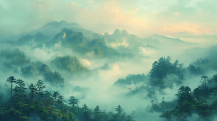 Fototapeta premium beautiful mountain under sea of cloud , light blue green white and gold, minimalist style, 