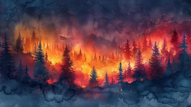 This watercolor painting depicts a forest engulfed in flames under a twilight sky, showcasing contrasting cool and warm tones